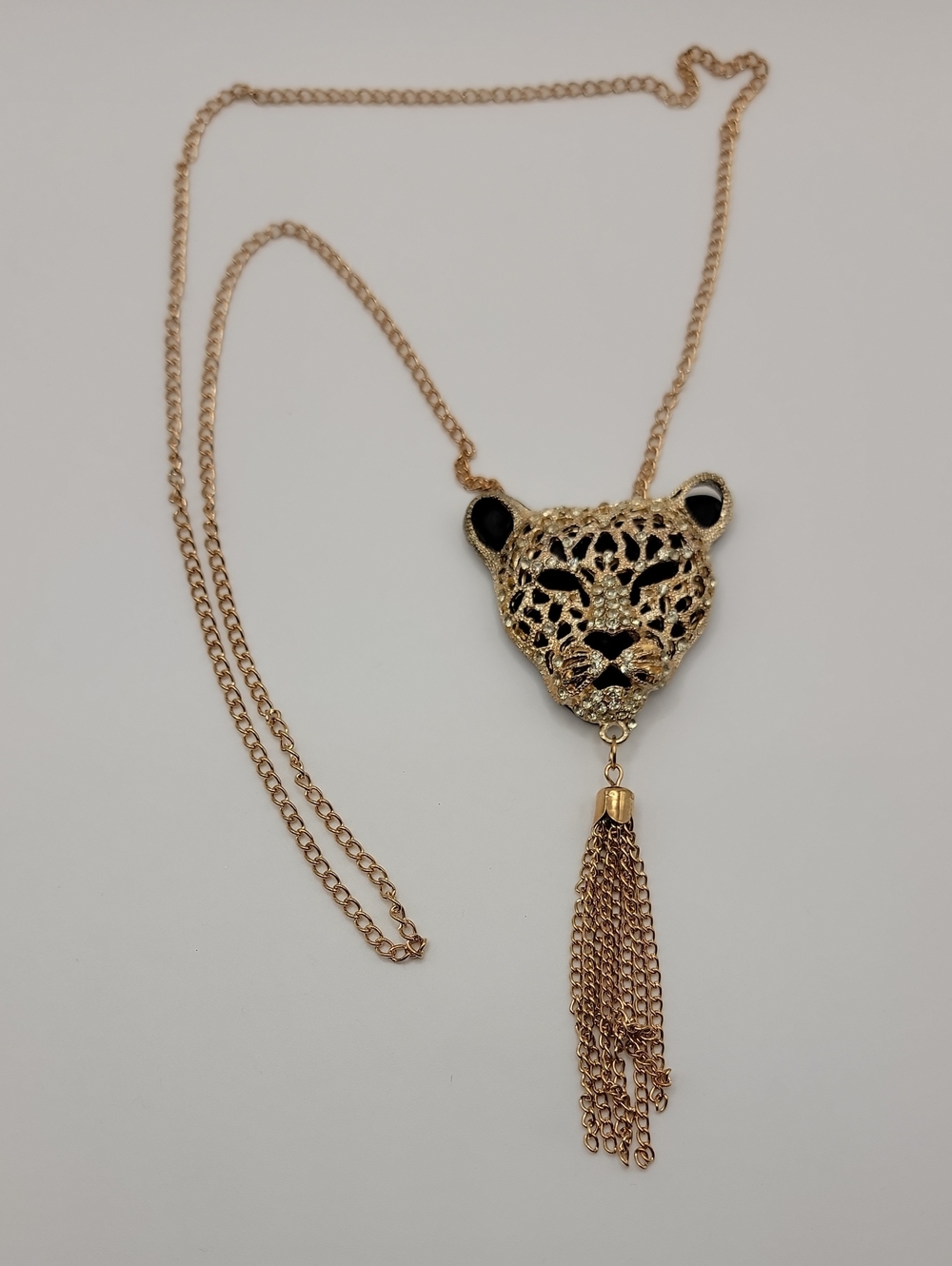 Gold Tone Statement Necklace Crystal Paved Jaguar Head with Tassle 28" Length